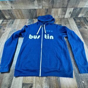 BUSTIN BROOKLYN Boards Company BLUE Full Zip Up LARGE Hooded Sweatshirt EX Cond